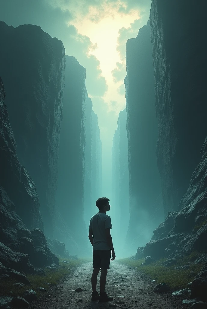 Young man walking with the option of distinct paths between heaven and hell