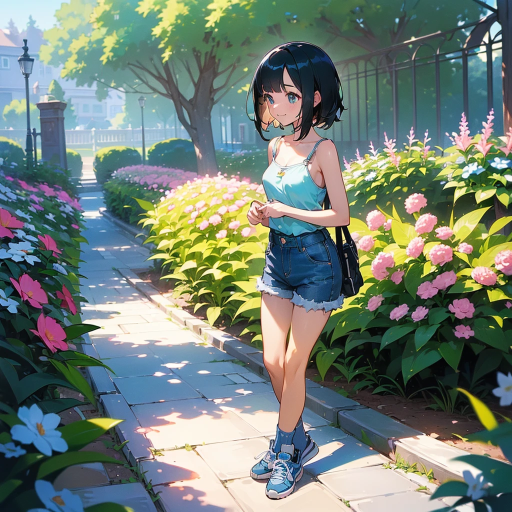 (high quality, High resolution, Very detailed, reality:1.37), Peaceful atmosphere, (Outdoor, garden),  girl standing alone, (my breasts are big.), Beautiful details, Cute Smile, (Black bob hair), camisole, denim shorts, Blue socks, sneakers.