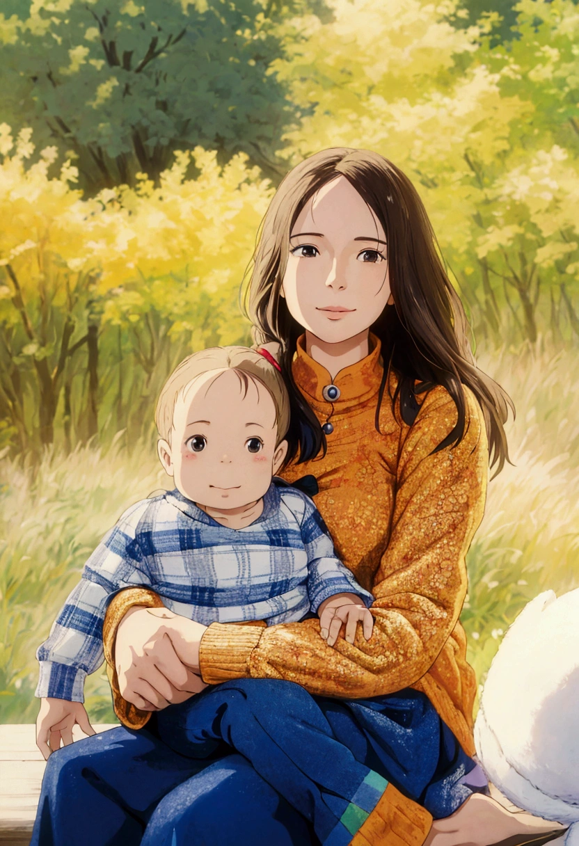 ghibli style, a woman and a baby are sitting on a bench in a field, jamie coreth, an beautiful, photo of a beautiful, avatar image, ( ( emma lindstrom ) ), marketing photo, portrait image, vannessa ives, professional image, profile pic, stylized photo, joanna gaines, profile image, full protrait, by Kristin Nelson, kailee mandel, smile