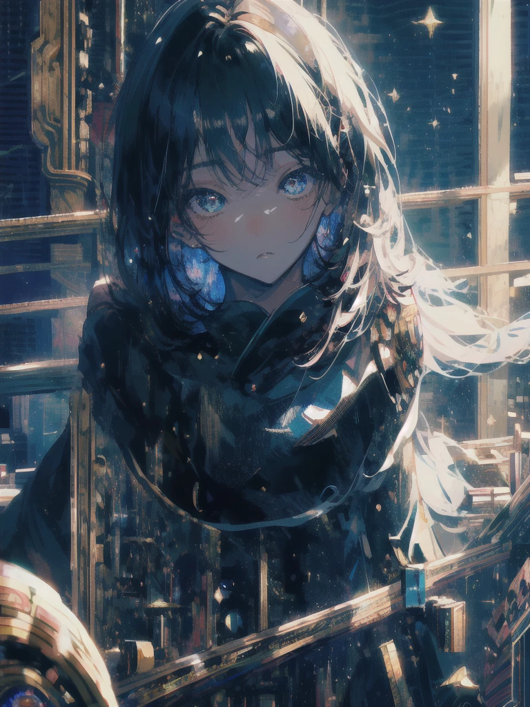 黒い剣を持ってください、((masterpiece, highest quality, Super detailed, High resolution)), alone, beautiful girl, shining eyes, perfect eyes, 15 years old, black white gold theme,