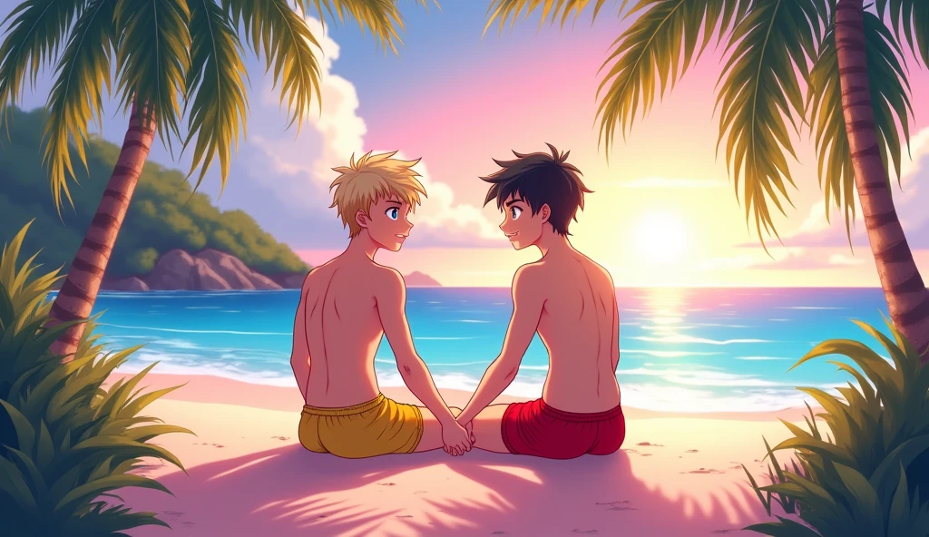 This image must be an anime of two teenagers of the same age, both male, on a beach with pink sand., They are holding hands, Sitting facing each other on the sand, One of the teenagers is black, has blonde hair, blue colored eyes, A very muscular body and wearing yellow swim trunks, the other teenager has light skin, blackquality hair, greeneyes, He is wearing red swim trunks, the beach has beautiful vegetation, Some very beautiful palm trees in the background, A sea with very clear and blue water, The sky is afternoon and it's a mix of pink with light yellow