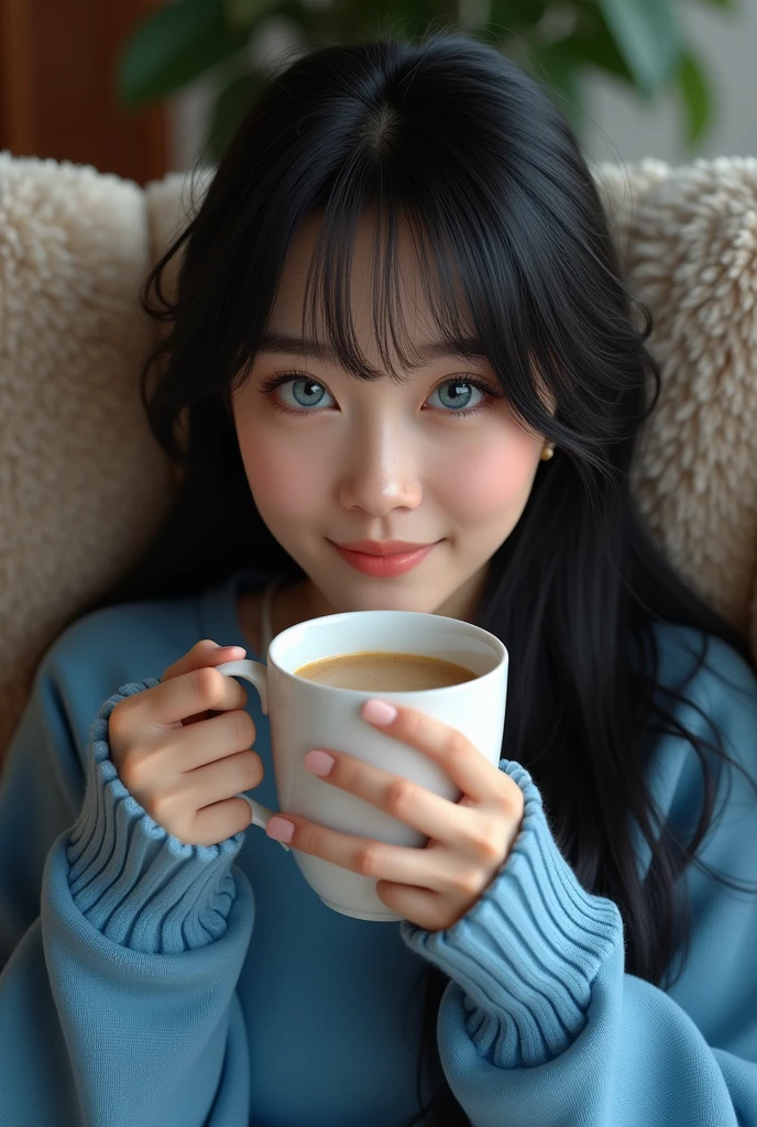 young woman, PICTURE REALISTIC, She has black hair and bangs, long hair, She has a blue sweater, She's sitting on the couch, drinking coffee, Ela tem olhos azuis, She is happy.