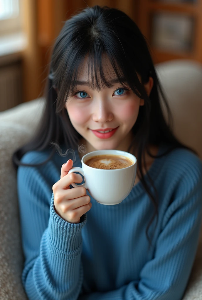 young woman, PICTURE REALISTIC, She has black hair and bangs, long hair, She has a blue sweater, She's sitting on the couch, drinking coffee, Ela tem olhos azuis, She is happy.