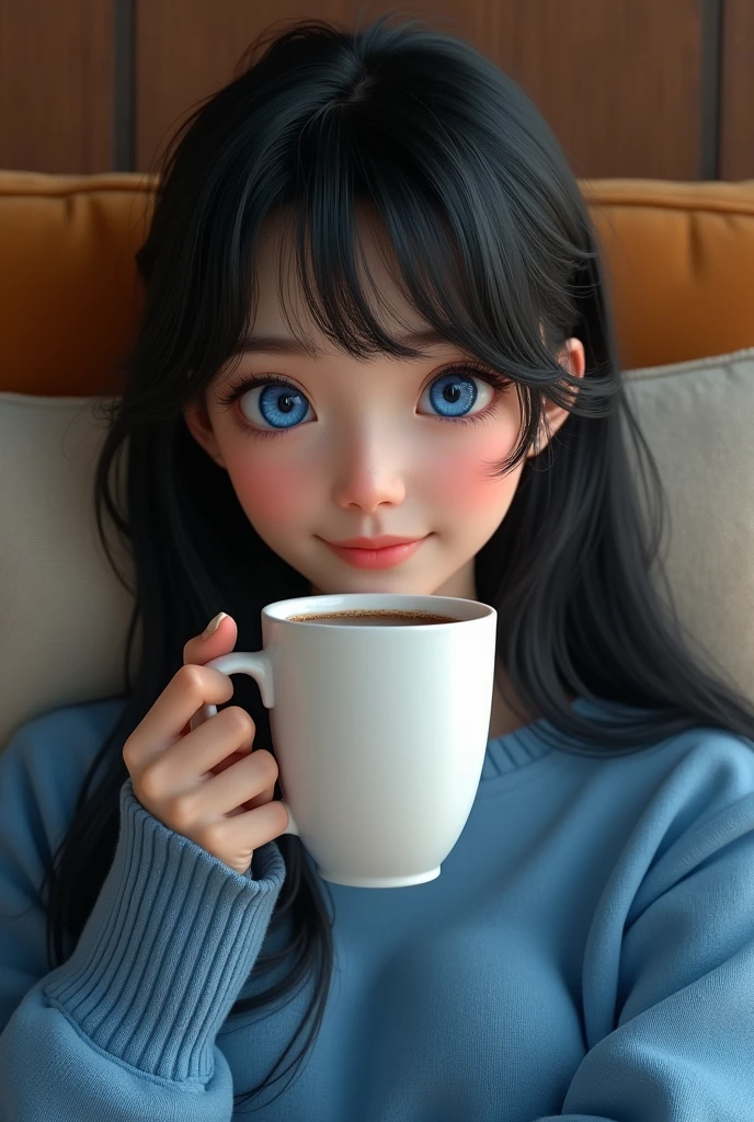 young woman, PICTURE REALISTIC, She has black hair and bangs, long hair, She has a blue sweater, She's sitting on the couch, drinking coffee, Ela tem olhos azuis, She is happy.