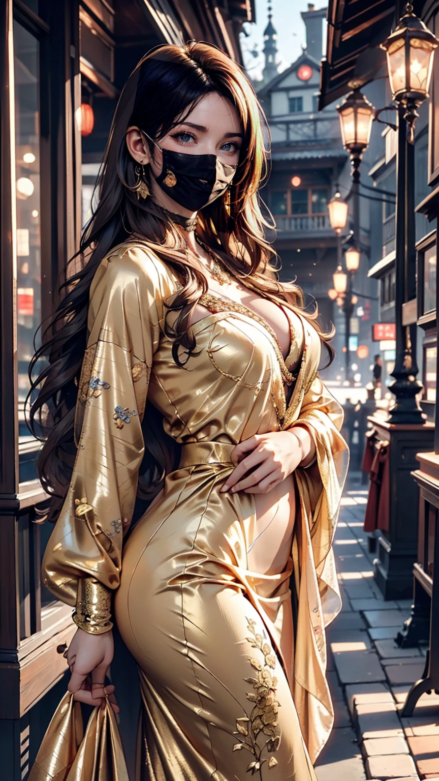 Supermodel with detailed long, curly, flowing hair, Dressed in golden clothes (Translucent and exquisitely embroidered) (Metallic Surgical Mesh Mask) Cover your face, ((mouth is hidden)), wearing strange future fashion, Luxurious and exquisite gold accents, photograph, Exquisitely crafted, Created, Scrupulous, grow, Maximum details, Extremely beautiful, Bokeh, プロの写真photograph