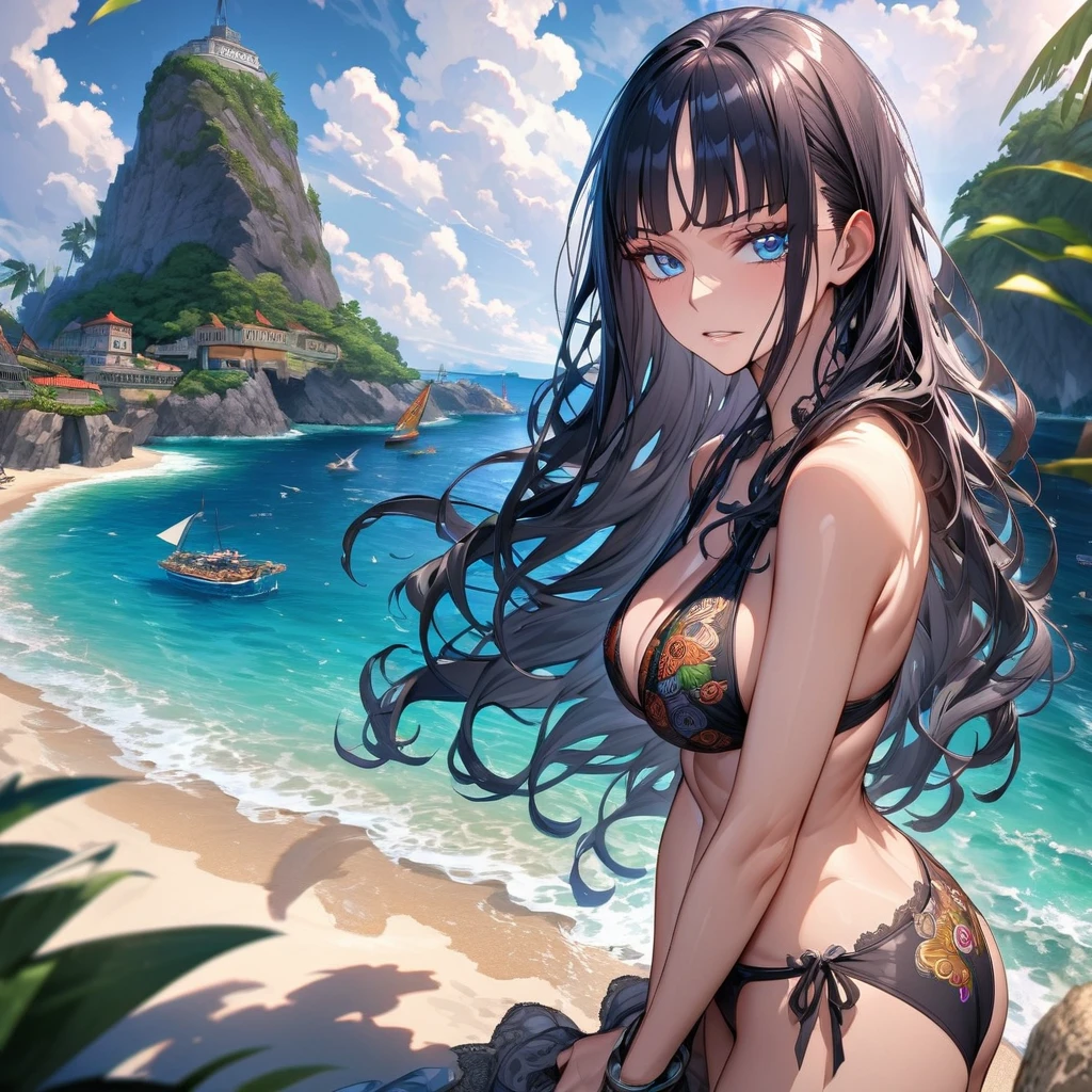 absurdres, highres, ultra detailed, HDR, master piece, best quality, extremely detailed, Nico Robin, black hair, without bangs, expressive blue eyes, One Piece, solo, woman, beautiful, black bikini, island, sea, beach