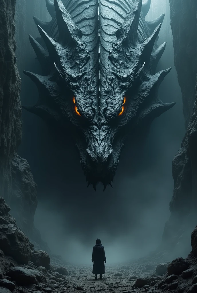 Dragon head, black as night , 50 x largest then humen, with golden easy staring in small figure a shadow of humen being