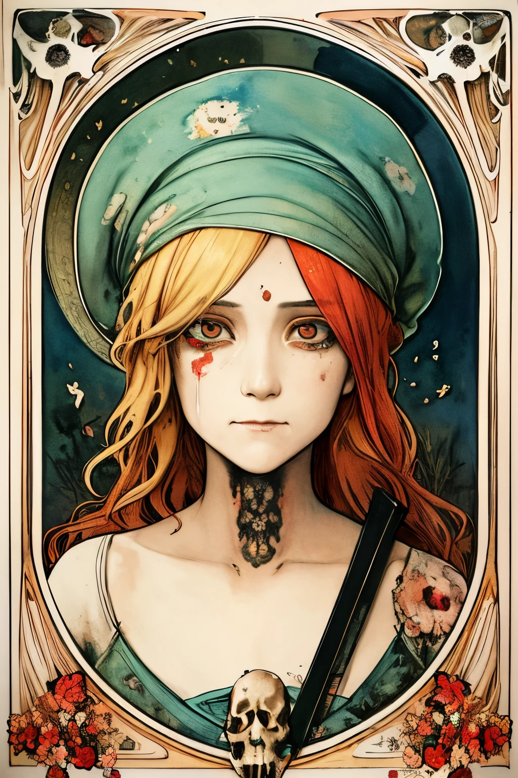 SFW,masutepiece, Best Quality, High resolution, 1girl, upper body, Details , detail hands, Detail fingers, Detail Face, detail legs, watercolor paiting, in graveyard, blonde hair, long hair, wavy hair, tattered clothes, blue eyes, zombie, skull, bone, (art nouveau:1.25), Maximalism artstyle, neon theme, suprematism, crying, beautiful detailed eyes,hyper detailed, beautifuly color, high details, high quality, back light, upper body , high quality, hair with body, cluster amaryllis, rotungwoka person, knife, in village, dead flower, bloody