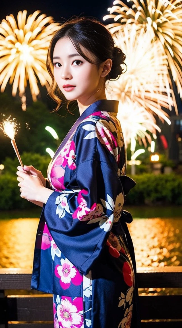 Dark brown hair、Light brown eyes、Japanese actress、 Lady、I am about 40 years old..、(Intricate details:1.2)、(Which is higher???:1.4)、 (Ultra-high resolution:1.2)、Ultra-high resolution、(Fine-tune)、(Detailed facial features)、Hmph、8k resolution、D cup size breasts、Long Hair、Hue、night、,Full body photo、firework、yukata、firework大会、日本のfirework、日本のyukata、band、Summer in Japan、yukata姿、Updo、Holding a fan in hand、Japan Fan、