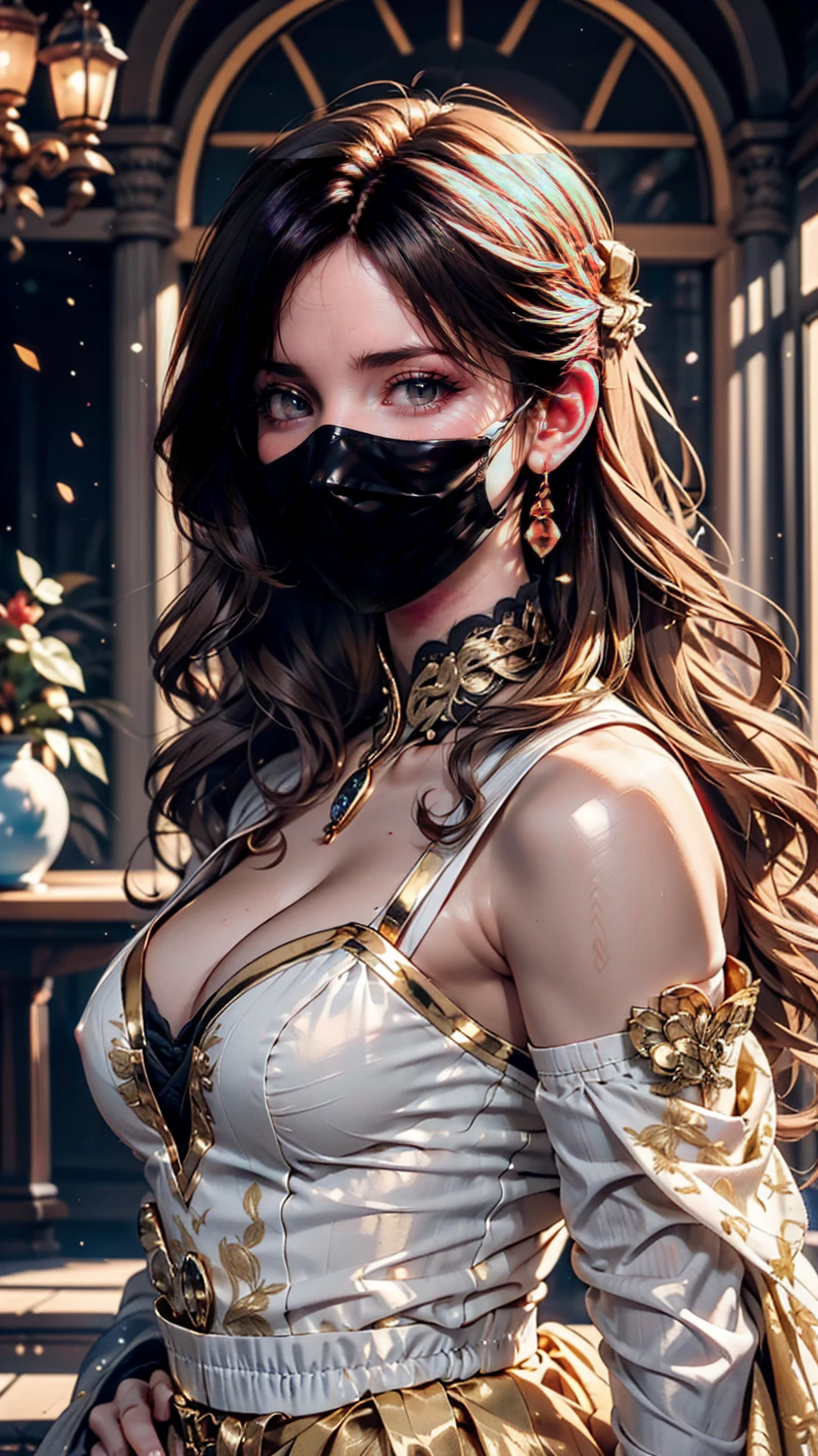 Supermodel with detailed long, curly, flowing hair, Dressed in golden clothes (Translucent and exquisitely embroidered) (Metallic Surgical Mesh Mask) Cover your face, ((mouth is hidden)), wearing strange future fashion, Luxurious and exquisite gold accents, photograph, Exquisitely crafted, Created, Scrupulous, grow, Maximum details, Extremely beautiful, Bokeh, プロの写真photograph