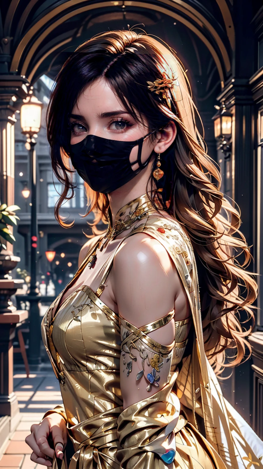 Supermodel with detailed long, curly, flowing hair, Dressed in golden clothes (Translucent and exquisitely embroidered) (Metallic Surgical Mesh Mask) Cover your face, ((mouth is hidden)), wearing strange future fashion,  Luxurious and exquisite gold accents, photograph, Exquisitely crafted, Created, Scrupulous, grow, Maximum details, Extremely beautiful, Bokeh, プロの写真photograph