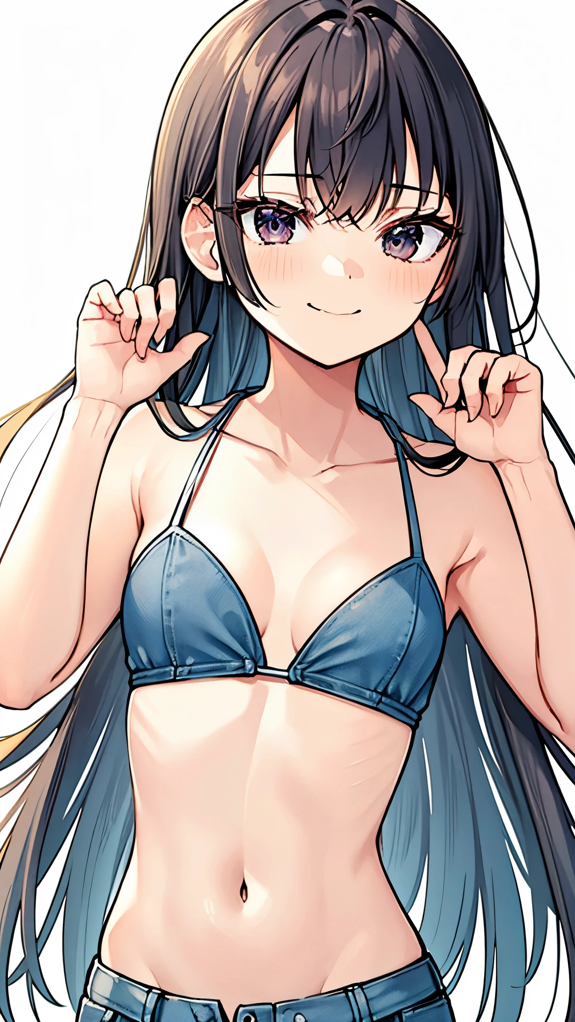 masterpiece, highres, solo, 8k, detailed, perfect face, best quality, (ultra high quality), looking viewers, (armpit), collarbone, bare arm, small breast, cleavage, black hair, long hair, gray eyes, belly, stomach, navel, abs, micro bikini, mini short, denim short, slim body, (upper body), smile, at forest, hands up