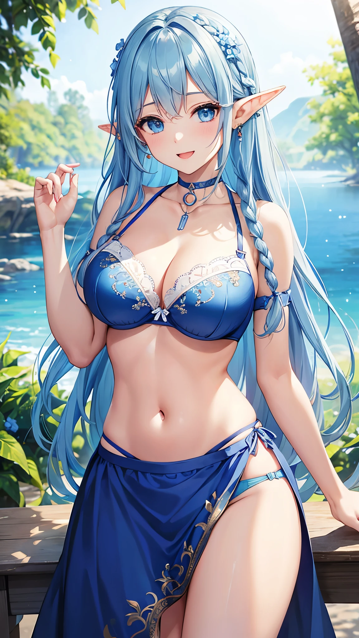 Highest quality、Highest quality、masterpiece、(8k resolution),beauty(Age 25)、(Mature Appearance)、Light blue long hair(Braiding of the sides)、blue eyes、(Light blue underwear with detailed embroidery、bra)、(Elf)、Big cleavage、((Super big breasts))、smile、blue necklace、Blue Earrings、background(flower)、Please open your mouth wide、Good celet、Dynamic pose、Blue choker、