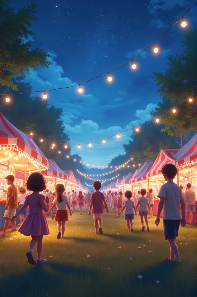 grass、Festival、Children、stall、night、night空、Bustle、shaved ice、Romantic lights