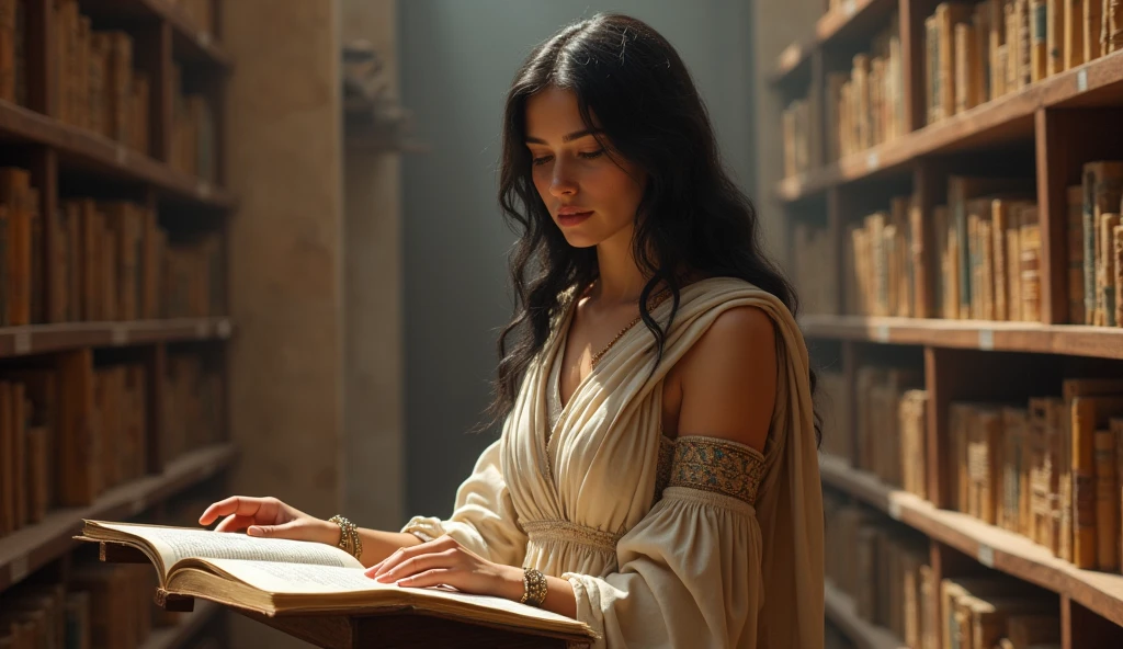 masterpiece, Hypatia, a renowned Neoplatonic philosopher, Astronomer, y mathematician, finds herself in the Great Library of Alexandria, around the year 395 AD.c.. This 18-year-old Roman woman, long black hair, intense blue eyes, Thin and thin body, small breasts, caderas estrechas, depicted with striking beauty, passionately engages with her students. Her demeanor reflects her profound intellect as she lectures on complex philosophical concepts.. The vast shelves of scrolls and the architectural grandeur of the Alexandrian library form the backdrop., emphasizing her academic environment, 16k, ultra high resolution.photorealistic, HD, cRUDO, natural light, wide angle