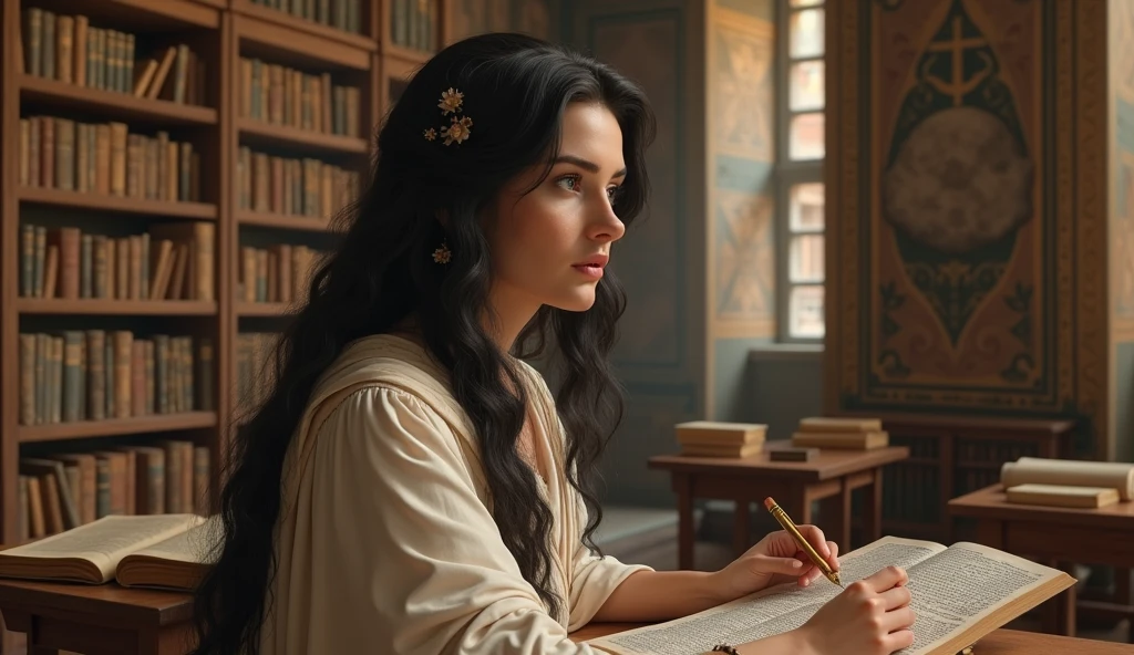 masterpiece, Hypatia, a renowned Neoplatonic philosopher, Astronomer, y mathematician, finds herself in the Great Library of Alexandria, around the year 395 AD.c.. This 18-year-old Roman woman, long black hair, intense blue eyes, Thin and thin body, small breasts, caderas estrechas, depicted with striking beauty, passionately engages with her students. Her demeanor reflects her profound intellect as she lectures on complex philosophical concepts.. The vast shelves of scrolls and the architectural grandeur of the Alexandrian library form the backdrop., emphasizing her academic environment, 16k, ultra high resolution.photorealistic, HD, cRUDO, natural light, wide angle