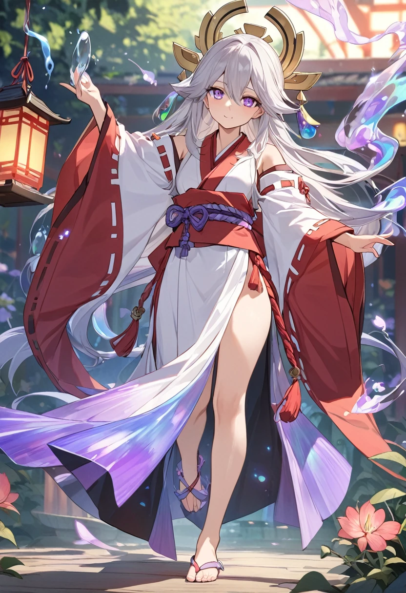 High definition、Miko costume、Long silver hair, half purple、Full body portrait、beautiful girl、Long-hemmed outfit、Big iridescent eyes、Powerful eyes、Dancing Kagura Dance、Playing with spirits、Flowers sprout from beneath your feet