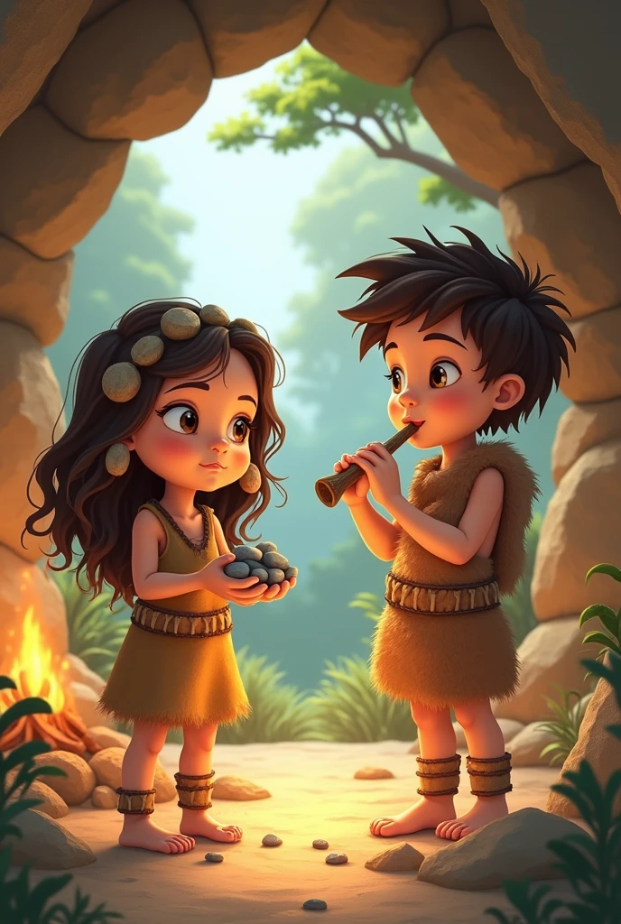create an illustration of a prehistoric scenario, where people lived in caves, wore clothes made from animal skins, this image must be cute pixar style for a children's story book, it must have two people and one of them is holding a pebble in each hand and the other playing a flute made of animal bones