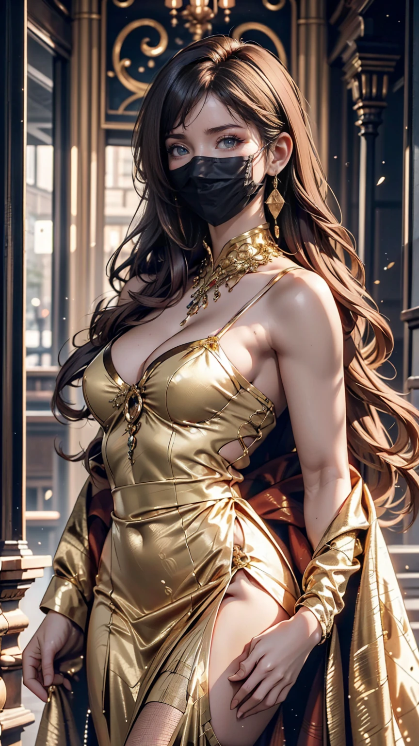 Supermodel with detailed long, curly, flowing hair, Dressed in golden clothes (Translucent and exquisitely embroidered) (Metallic Surgical Mesh Mask) Cover your face, ((mouth is hidden)), wearing strange future fashion,  Luxurious and exquisite gold accents, photograph, Exquisitely crafted, Created, Scrupulous, grow, Maximum details, Extremely beautiful, Bokeh, プロの写真photograph