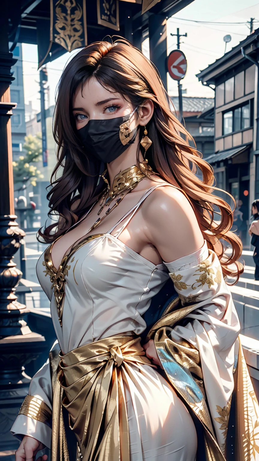 Supermodel with detailed long, curly, flowing hair, Dressed in golden clothes (Translucent and exquisitely embroidered) (Metallic Surgical Mesh Mask) Cover your face, ((mouth is hidden)), wearing strange future fashion, Luxurious and exquisite gold accents, photograph, Exquisitely crafted, Created, Scrupulous, grow, Maximum details, Extremely beautiful, Bokeh, プロの写真photograph