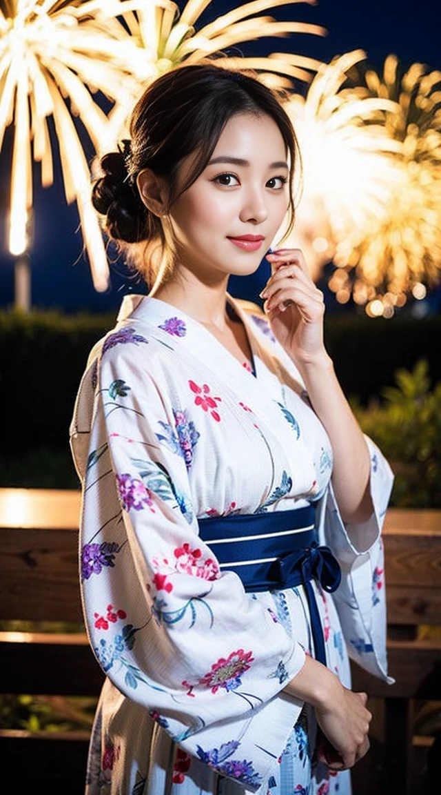 Dark brown hair、Light brown eyes、Japanese actress、 Lady、I am about 40 years old..、(Intricate details:1.2)、(Which is higher???:1.4)、 (Ultra-high resolution:1.2)、Ultra-high resolution、(Fine-tune)、(Detailed facial features)、Hmph、8k resolution、D cup size breasts、Long Hair、Hue、night、,Full body photo、firework、yukata、firework大会、日本のfirework、日本のyukata、band、Summer in Japan、yukata姿、Updo、Holding a fan in hand、