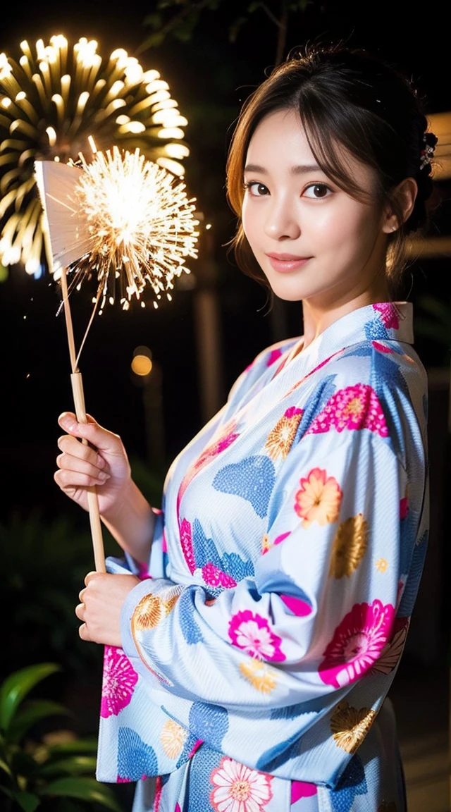 Dark brown hair、Light brown eyes、Japanese actress、 Lady、I am about 40 years old..、(Intricate details:1.2)、(Which is higher???:1.4)、 (Ultra-high resolution:1.2)、Ultra-high resolution、(Fine-tune)、(Detailed facial features)、Hmph、8k resolution、D cup size breasts、Long Hair、Hue、night、,Full body photo、firework、yukata、firework大会、日本のfirework、日本のyukata、band、Summer in Japan、yukata姿、Updo、Holding a fan in hand、