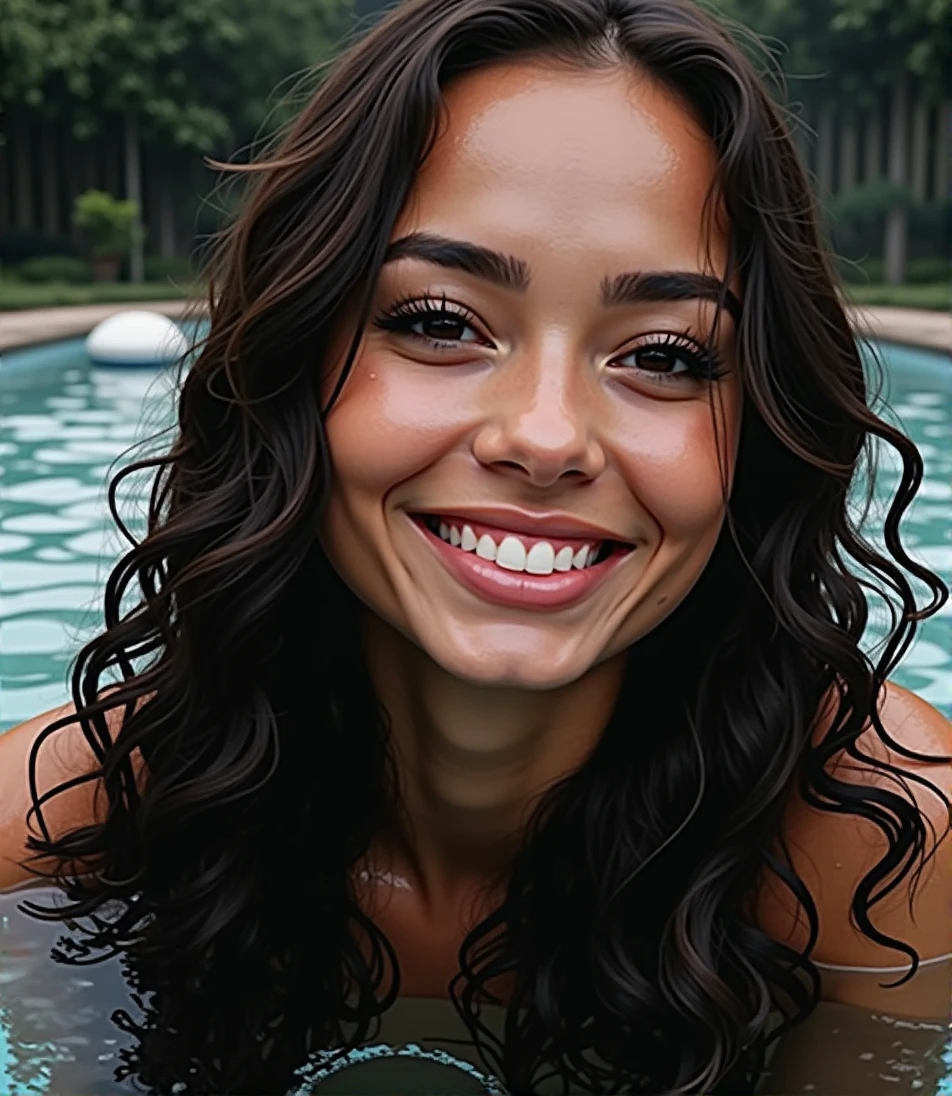 Imagine this girl, high quality, 4k hd. Girl with white bikini, huge boobs (like really), huge thighs (thick), in a pool, smiling