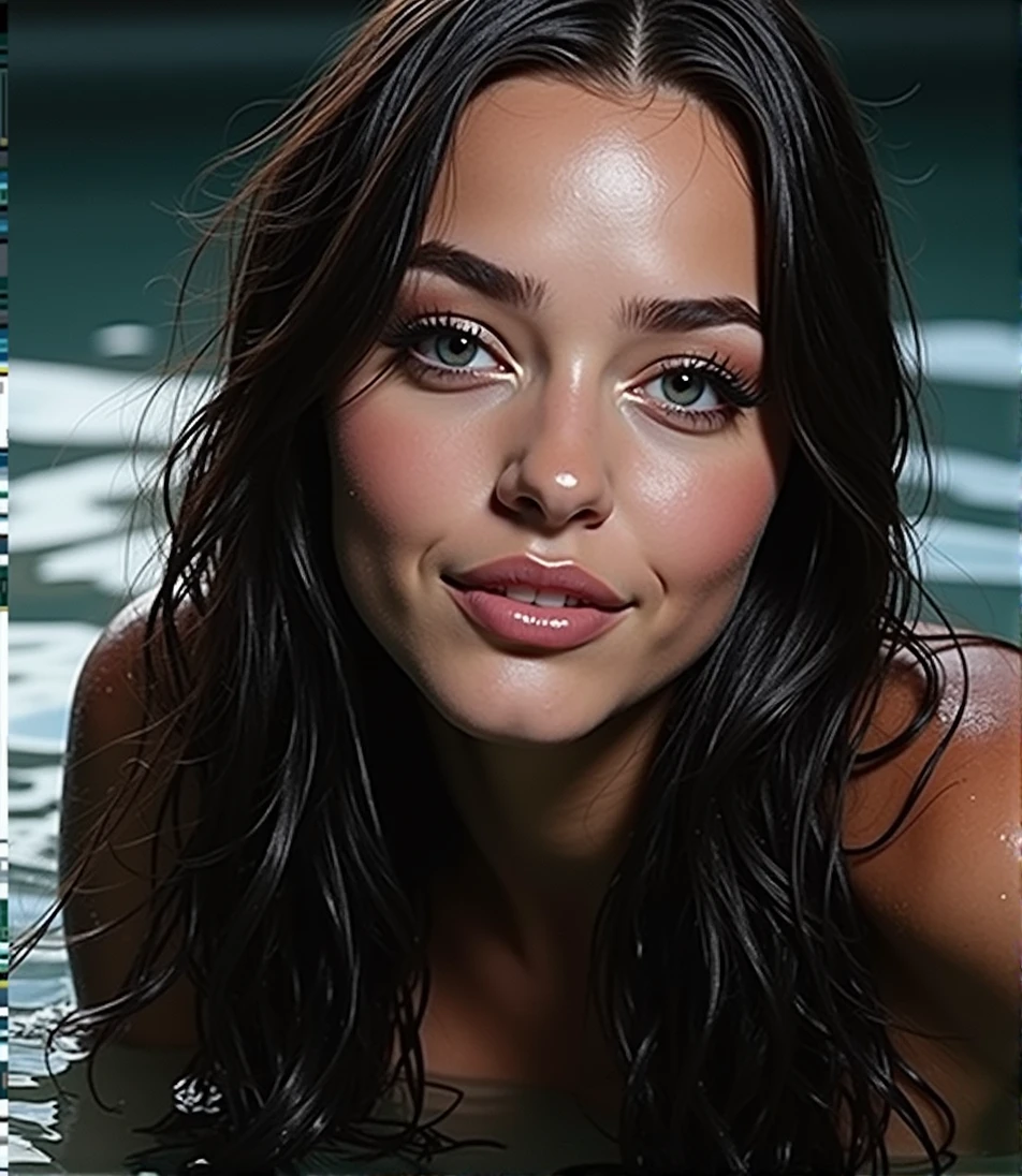 Imagine this girl, high quality, 4k hd. Girl with white bikini, huge boobs (like really), huge thighs (thick), in a pool, smiling