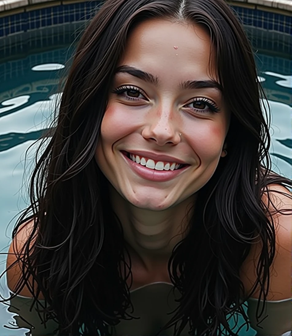 Imagine this girl, high quality, 4k hd. Girl with white bikini, huge boobs (like really), huge thighs (thick), in a pool, smiling