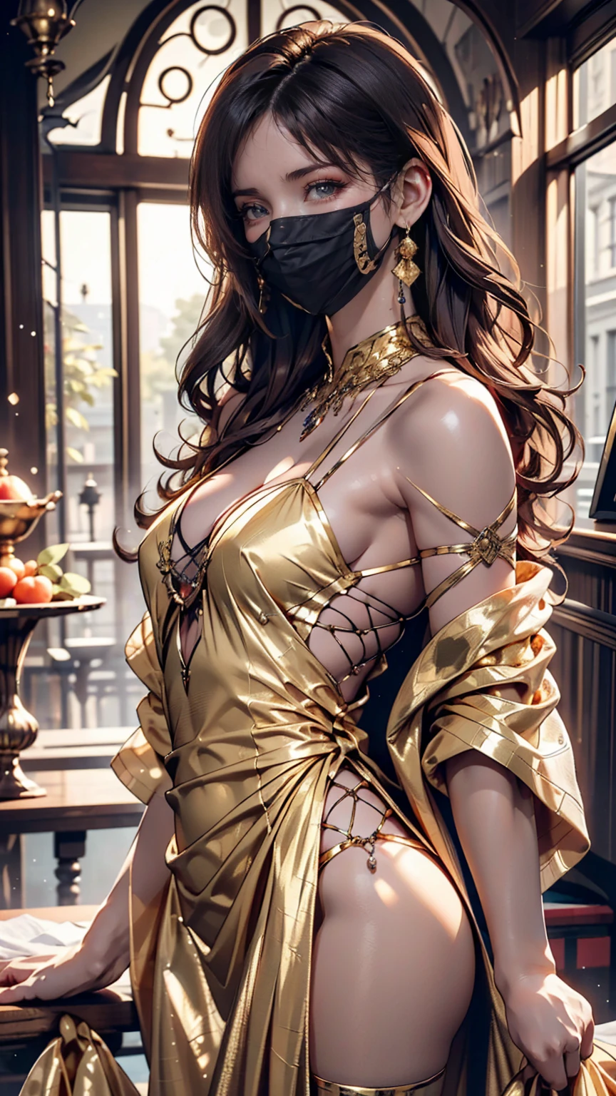 Supermodel with detailed long, curly, flowing hair, Dressed in golden clothes (Translucent and exquisitely embroidered) (Metallic Surgical Mesh Mask) Cover your face, ((mouth is hidden)), wearing strange future fashion, Luxurious and exquisite gold accents, photograph, Exquisitely crafted, Created, Scrupulous, grow, Maximum details, Extremely beautiful, Bokeh, プロの写真photograph
