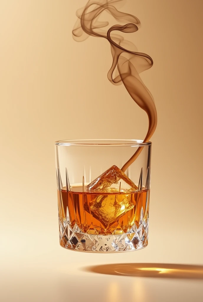 smaller short glass of wiskey with many cristal details and ice inside taking a realistic photo with beige background and in the air with a brown tobacco outside of the glass without fire