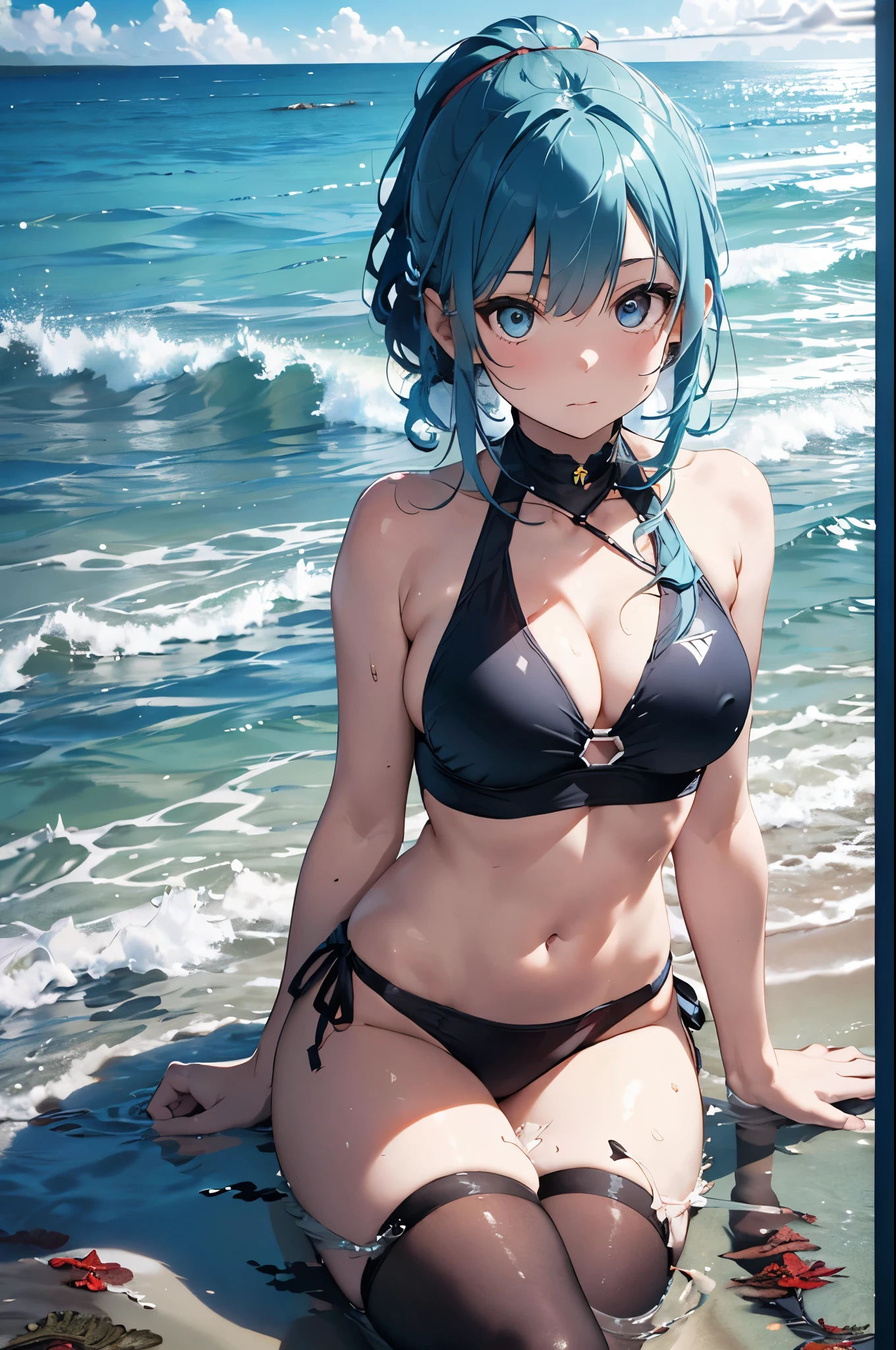 4K,8k,High resolution,topless、
One beautiful young woman,Light blue hair、ponytail、Blue swimsuit、
(Soft Saturation:1.3), (Fair skin:1.2),
(ultra-Detailed Background, Detailed Background), Bokeh,
break&#39;Smiling portrait.,
When viewed from the front, The composition is symmetrical,
Looking straight at you with serious eyes,
break Swimwear, White Bikini, Center of chest, 
Outdoor, Sea surface, null, sunlight,Summer beach, Sandy Beach,
Strong light, Front lighting, 
(Teen:1.3), (Cowboy Shot:1.2),
Front brake angle,
View your viewers,
Dynamic pose,
sitting on the beach

Seaweed、Seaweed、Seaweed、Seaweed、Seaweed、Seaweed、Seaweed、