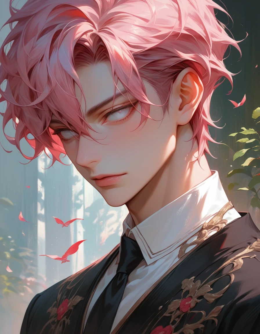 Man with red and pink hair and black clothes., beautiful face, white eyes, Highly detailed young anime, 4k manga wallpapers, anime boy, Detailed anime character art.