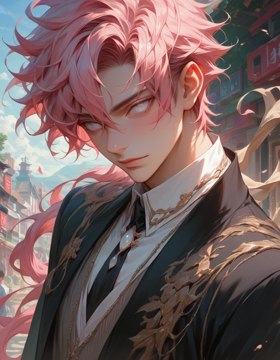 Man with red and pink hair and black clothes., beautiful face, white eyes, Highly detailed young anime, 4k manga wallpapers, anime boy, Detailed anime character art.