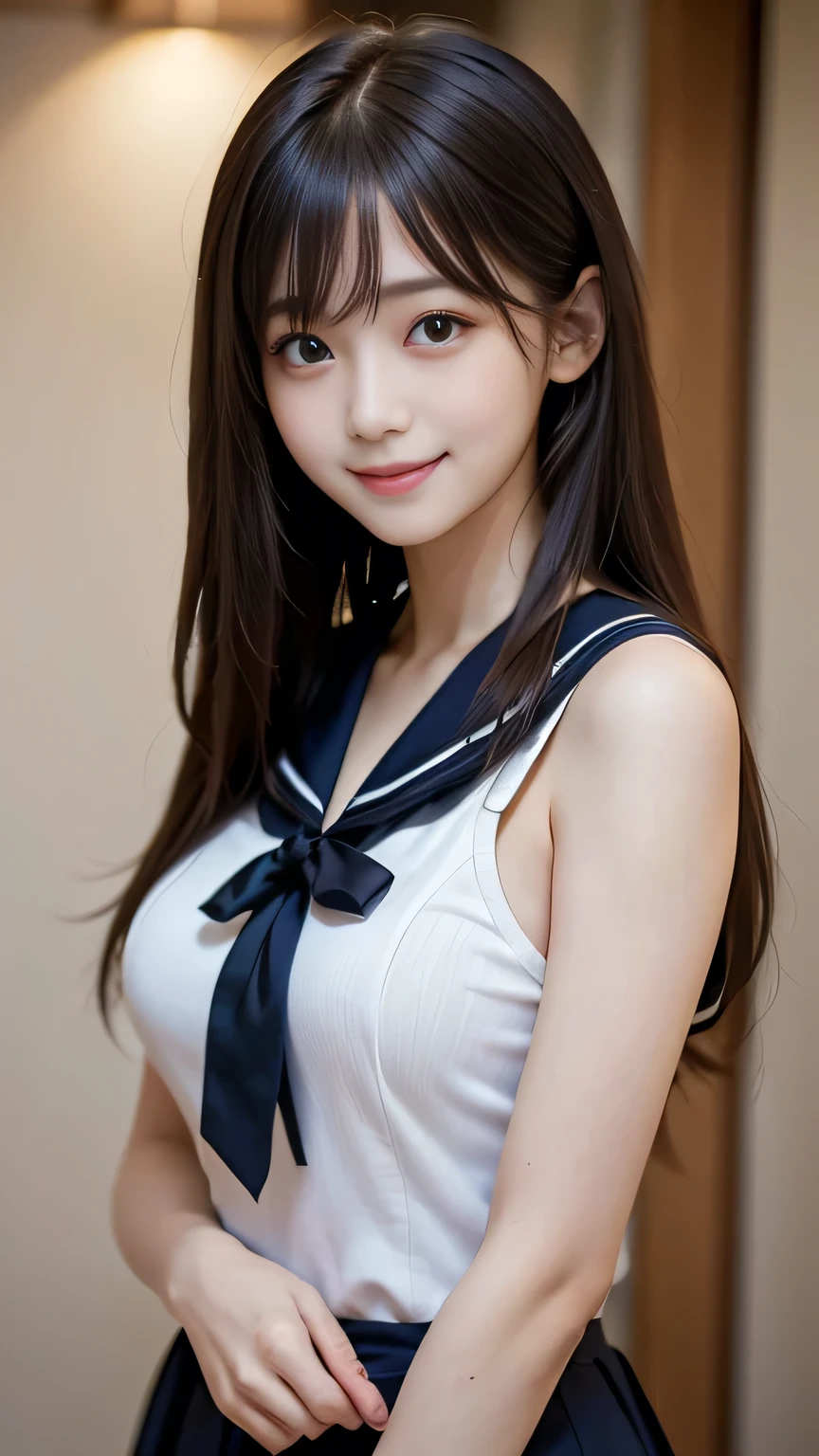 ((Highest quality、masterpiece、High resolution))、(((Zoom photo of upper body)))、(A shy smile:1.2)、15-year-old female、Beautiful Skin、Beautiful Eyes、Large Breasts、Sailor suit、Black Hair、Straight hair、Shorn bangs