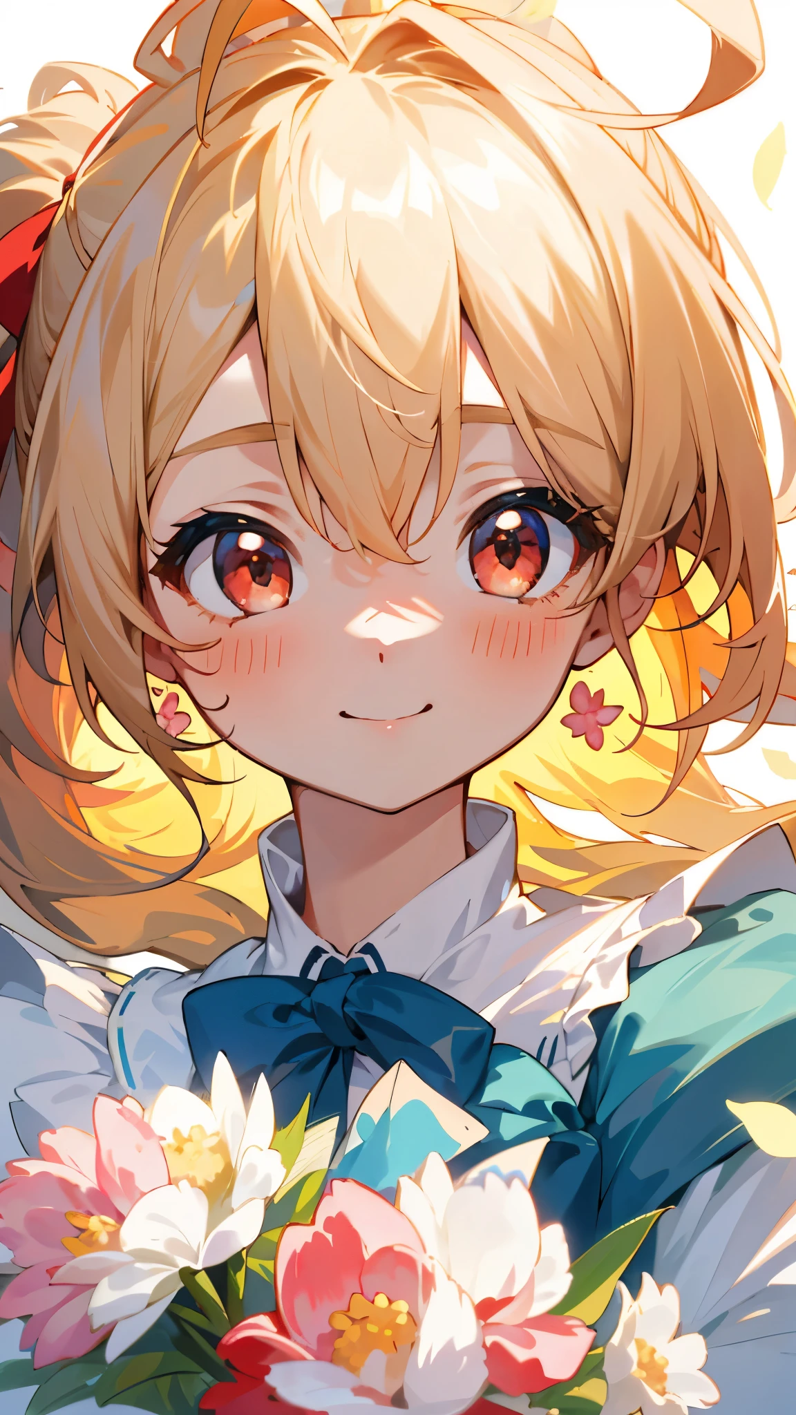 (Highest quality,masterpiece,Surreal),A beautiful and delicate portrait of a young girl.,Playful and cute,Background with fluttering petals,Blonde ponytail、Ahoge、Beautiful red eyes、smile、
