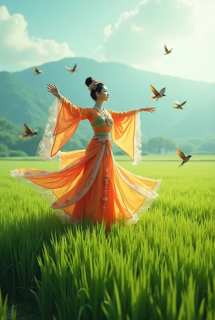 The Dancer's Costume depicting a rice paddy puppet driving away birds from the paddy field.