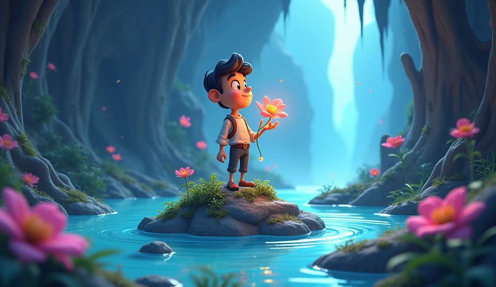 A cave, a small mound in that cave, a man is standing on that mound with a magical flower, water is flowing all around the mound, 3d cartoon image