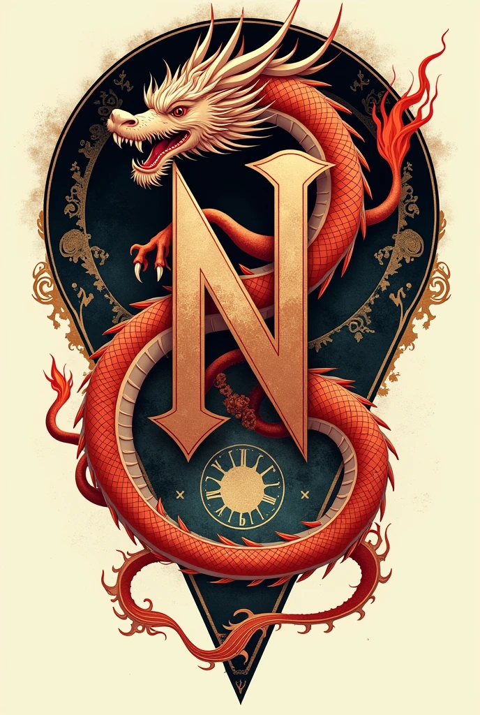 "Create an intricate and powerful design of a stylized dragon that symbolizes ancestral power, wisdom and protection. The dragon must be in a dynamic pose, forming or intertwining with the letter 'N', which must be in a clear and elegant typography. Surround the dragon and the 'N' with a circle or triangle that includes subtle details like flames., geometric patterns or ancient runes, evoking a barrier of protection against negative influences. The design must balance an old and modern aesthetic., using deep red colors, gold and black to symbolize fire, strength and protection. The design should be elegant and powerful, but not ostentatious, representing a timeless symbol that connects the present with the wisdom of the ancestors."