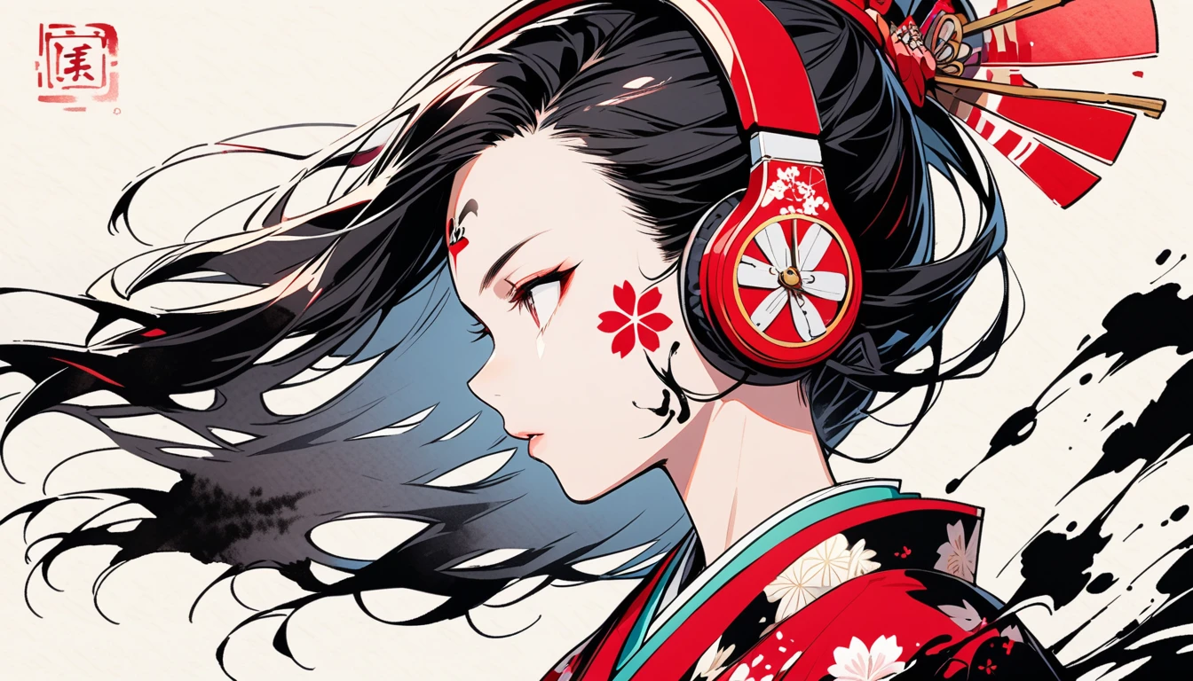 (((Ink Painting))), ((Japanese style headphones)), (((White face with Japanese pattern tattoo))), face close up, Magnificent hair ornament, Japan人の女, Fluttering Hair, Japan, Japanese flag