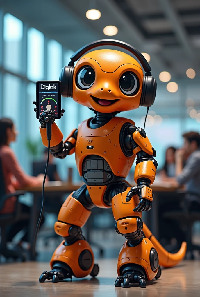 A robot salamander. Predominant Colors, orange, gris, black andwhite. Body color, orange. . She is holding a microphone in one hand. In the other hand she holds a large digital sign that reads "Digitalks". . She wears black headphones. The setting is an office, In the background there are people sitting at tables and working. Your big eyes, black and white. He has a friendly and cheerful look.