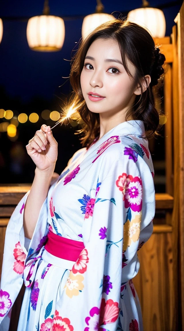 Dark brown hair、Light brown eyes、Japanese actress、 Lady、I am about 40 years old..、(Intricate details:1.2)、(Which is higher???:1.4)、 (Ultra-high resolution:1.2)、Ultra-high resolution、(Fine-tune)、(Detailed facial features)、Hmph、8k resolution、D cup size breasts、Long Hair、Hue、night、,Full body photo、firework、yukata、Festivals、Opening a store、Summer in Japan祭り、日本のyukata、band、Summer in Japan、yukata姿、Updo、Holding a fan in hand、