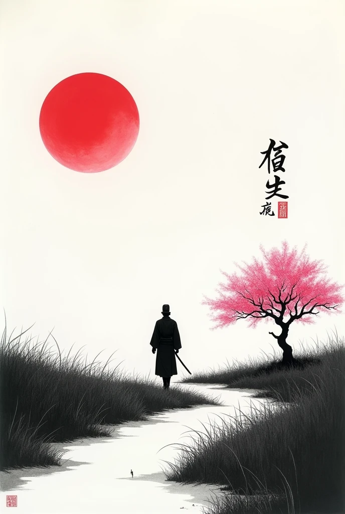 black and white drawing in Japanese style, Samurai in the distance (man, adult person) walking along a path through a field, a single pink cherry blossom tree nearby, Red moon in the sky, The picture above shows a Japanese kanji "quiet". Everything is harmonious around
