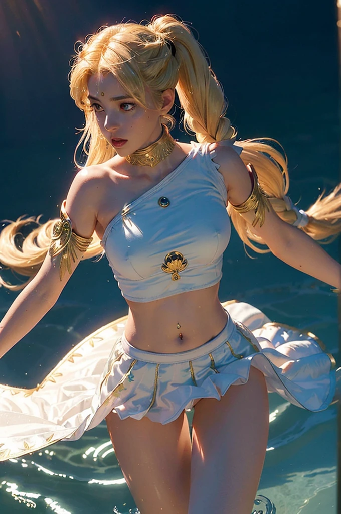 (sailor moon),upper nuded, White and golden tones wet outfit tigh, transparent glowing skirt:1.7, braless, with border golden stripe upper strapped, elemental_mage, (blonde twintail hair), leg oppened:1.6 and lifted, forehead v style gemstone_tiara, [ holding green floatin orb_of_power:10], diamond falling, iridescent ([choker:magical trim:0.4]:1.7) radiating on ([elemental pauldron:spellbound shoulder:0.4]:1.5), forehead, channeling, prismatic eyes, floating_island, short elemental_staff, [ombre, elemental_braid:0.1], [gloves high, magical_grimoire, enchanted_skirt plisada:0.4],long white cape, one leg lifted, in action. (Open legs:1.4), golden border on shoulders and heels.
(__views__:1.2),
__body-parts__,
Expressive Hues, Vibrant Palette,Dynamic Brushwork,sharp focus,
