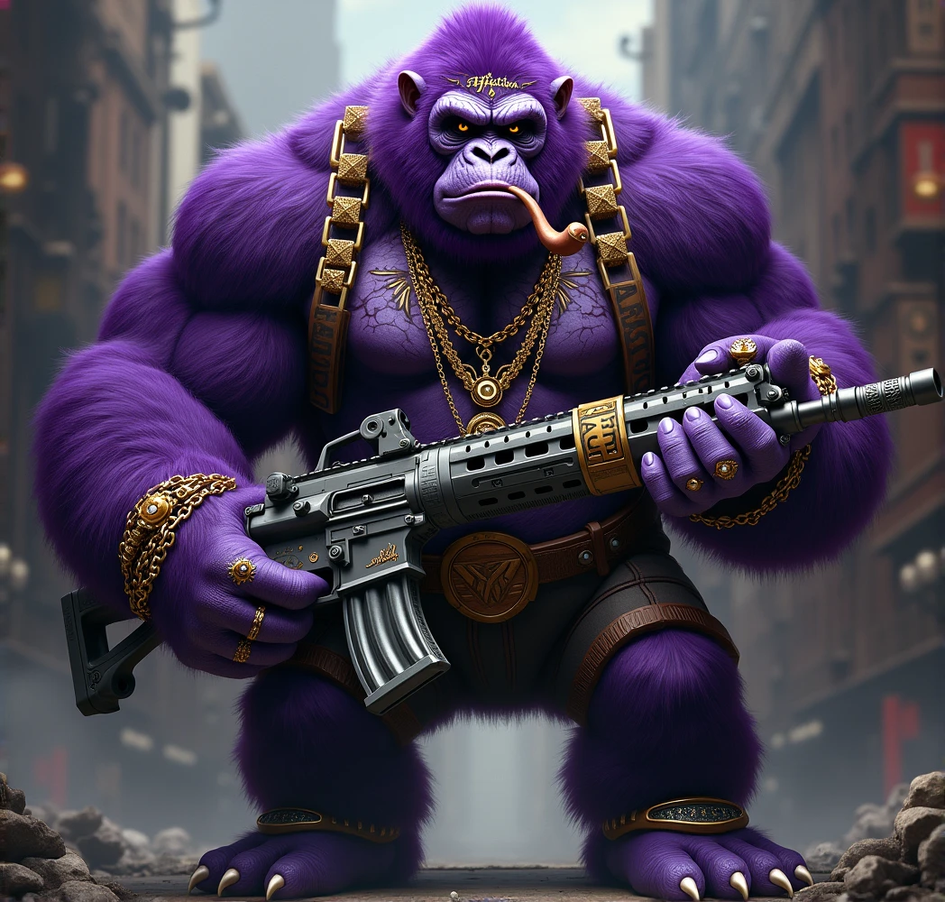 Purple Ape, With giant and high-caliber weapons, with CLOTHES Affliction with chains, tattooed, with huge diamond and gold rings, smoking with a pipe