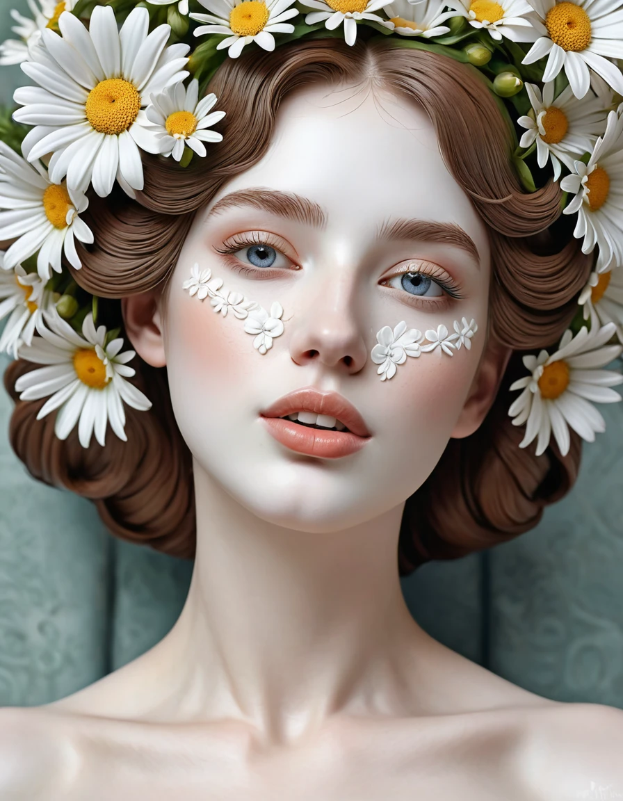 a close up of a statue of woman with flowers on her head, beautiful digital art, beautiful digitalwork art, porcelain white skin, beautiful face, young skin, mouth with semi-open upper arch, orthodontic braces, perfect face, beautiful and perfect digital art with details, white plaster daisies, emboss, hyperrealistic Art Nouveau, incredible details, Exquisite digital illustration, complex digital art, detailed digital 3d art