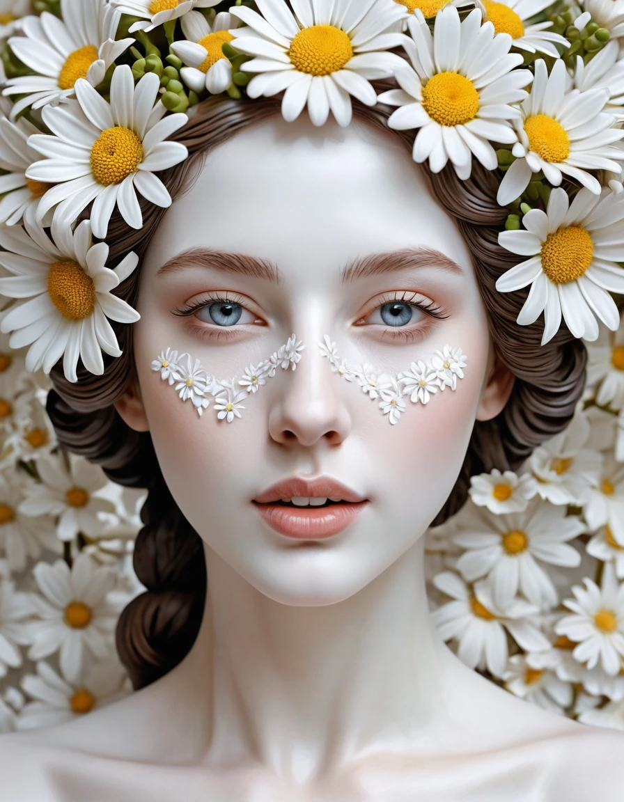 a close up of a statue of woman with flowers on her head, beautiful digital art, beautiful digitalwork art, porcelain white skin, beautiful face, young skin, mouth with semi-open upper arch, orthodontic braces, perfect face, beautiful and perfect digital art with details, white plaster daisies, emboss, hyperrealistic Art Nouveau, incredible details, Exquisite digital illustration, complex digital art, detailed digital 3d art