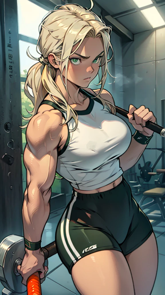 High detailed, masterpiece, 1 girl, solo, silvery Blondie hair, Green eyes ,big breasts, wearinng gym clothes, Holding a spiked baseball-bat in hand, firm strong body, toned muscles, Serious face