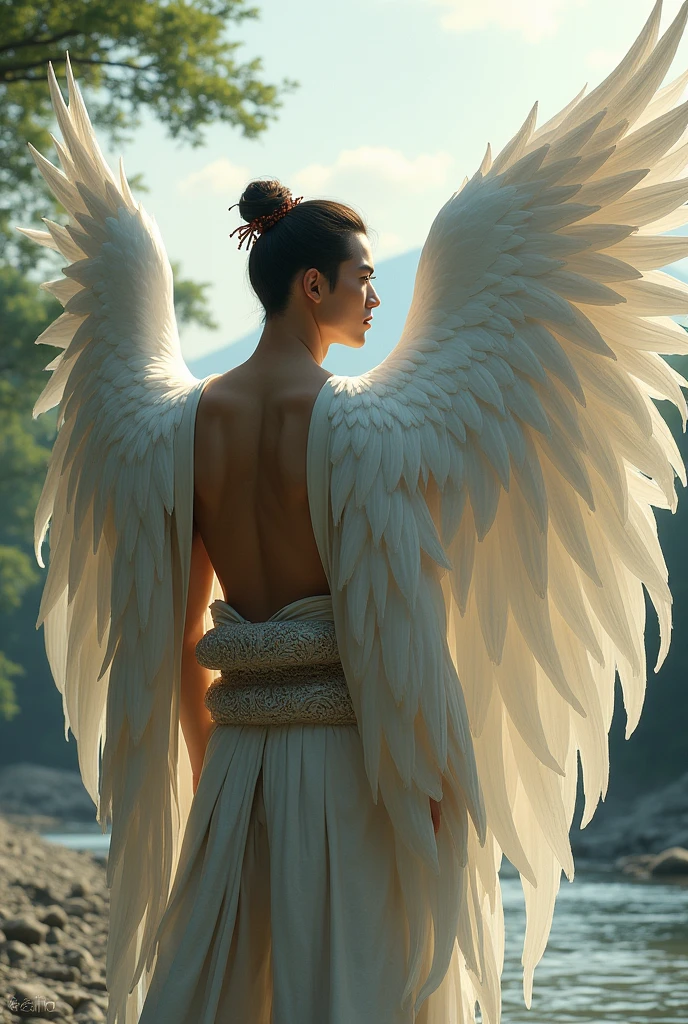 An elegant traditional Japanese kimono with a low back for a man with large angel wings to wear., Show him his back