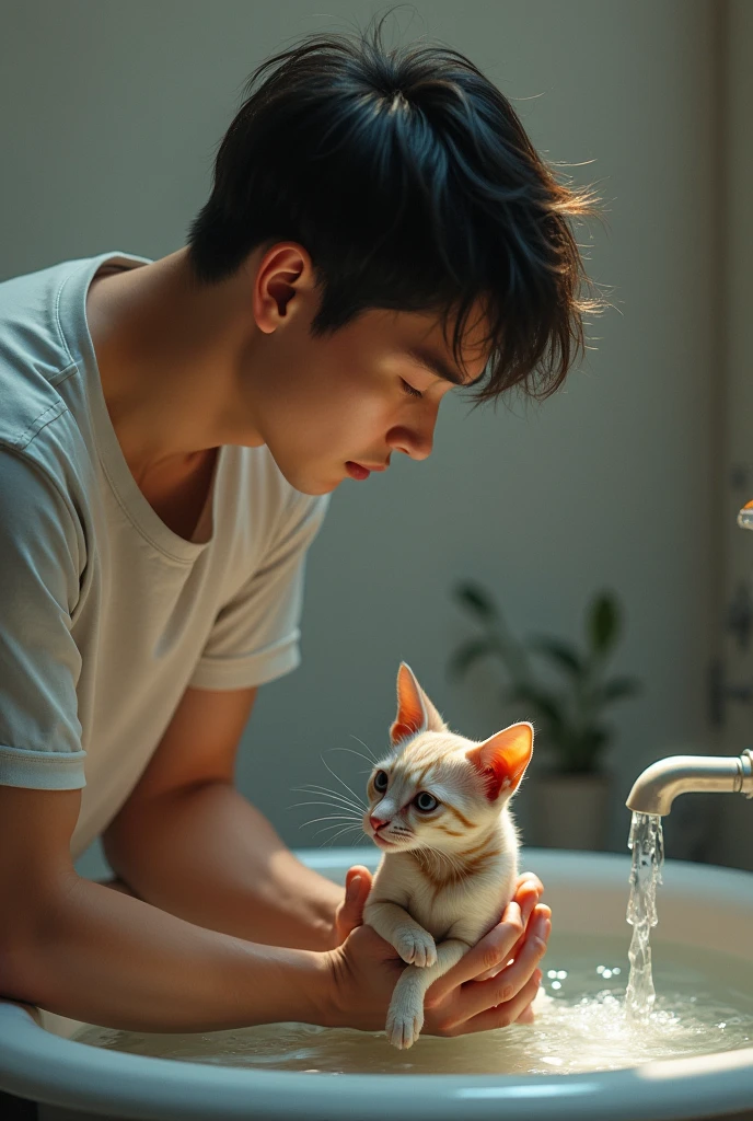 Un jeune homme qui baigne un chat maigre dans l’eau